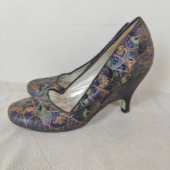 Irregular Choice Peacock Wedge Heels Womens 7 Multicolor Velvet Embossed Shoes - Picture 5 of 8